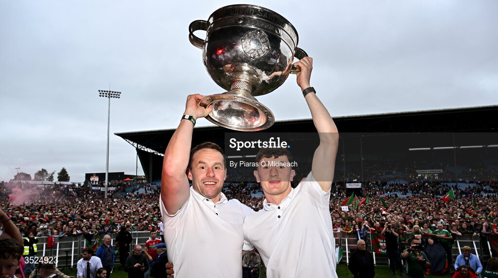 27 July 2026; Mayo manager Andy Moran, left, and captain Jack Coyne during the homecoming celebrations of the All-Ireland Senior Football Champions at Hastings Insurance MacHale Park in Castlebar, Mayo. Photo by Piaras Ó Mídheach/Sportsfile