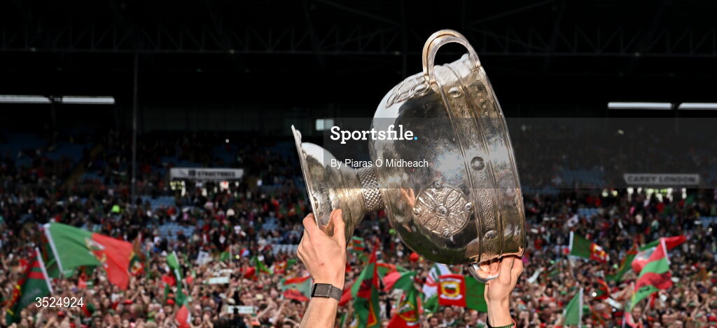 27 July 2026; The Sam Maguire cup is held aloft during the homecoming celebrations of the All-Ireland Senior Football Champions at Hastings Insurance MacHale Park in Castlebar, Mayo. Photo by Piaras Ó Mídheach/Sportsfile