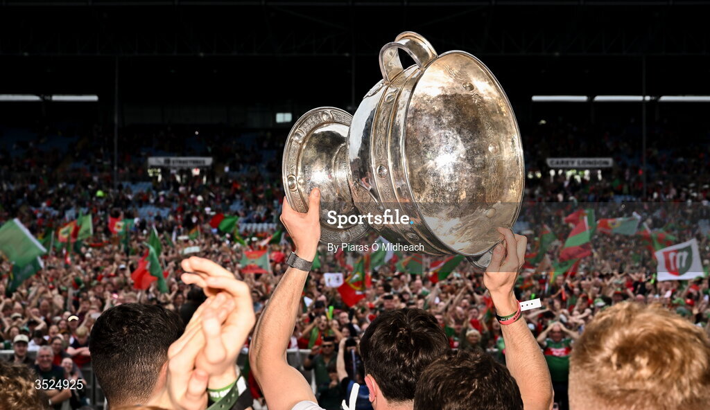 27 July 2026; The Sam Maguire cup is held aloft during the homecoming celebrations of the All-Ireland Senior Football Champions at Hastings Insurance MacHale Park in Castlebar, Mayo. Photo by Piaras Ó Mídheach/Sportsfile