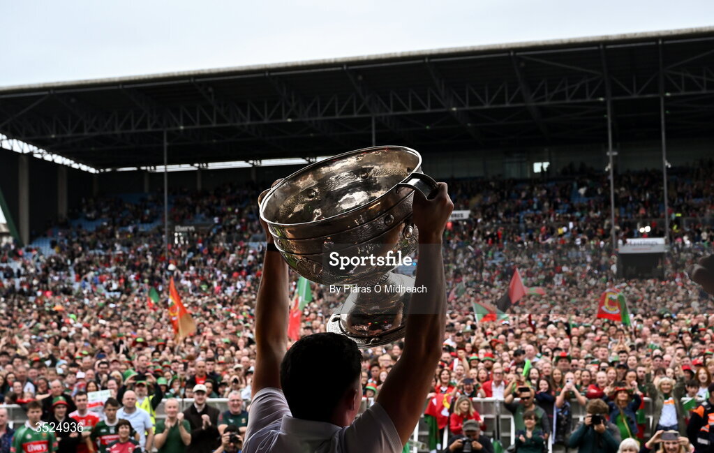 27 July 2026; Mayo supporters celebrate as the Sam Maguire Cup is held aloft during the homecoming celebrations of the All-Ireland Senior Football Champions at Hastings Insurance MacHale Park in Castlebar, Mayo. Photo by Piaras Ó Mídheach/Sportsfile