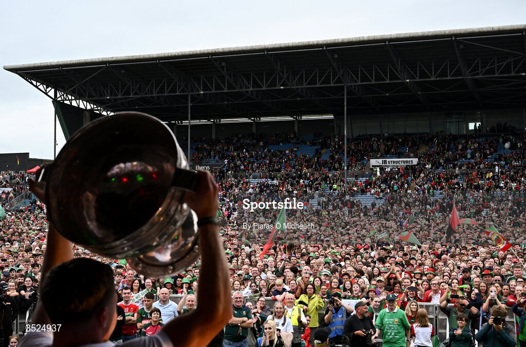 27 July 2026; Mayo supporters celebrate as the Sam Maguire Cup is held aloft during the homecoming celebrations of the All-Ireland Senior Football Champions at Hastings Insurance MacHale Park in Castlebar, Mayo. Photo by Piaras Ó Mídheach/Sportsfile