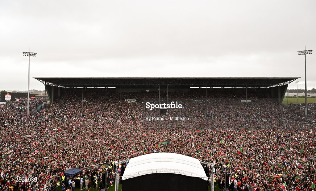 27 July 2026; Mayo supporters during the homecoming celebrations of the All-Ireland Senior Football Champions at Hastings Insurance MacHale Park in Castlebar, Mayo. Photo by Piaras Ó Mídheach/Sportsfile