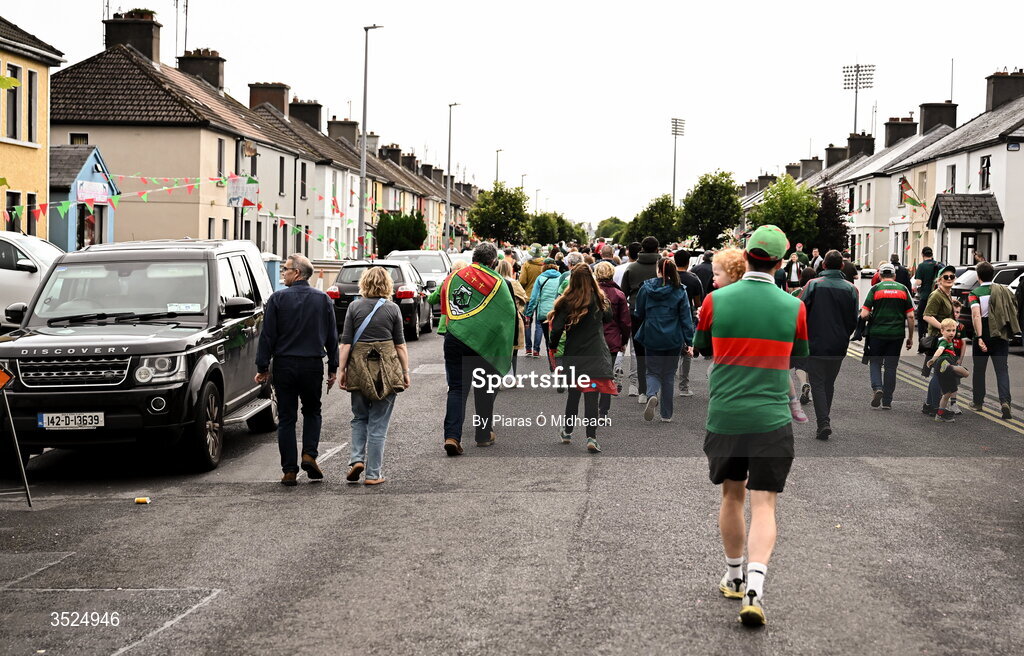 27 July 2026; Mayo supporters make their way to the stadium during the homecoming celebrations of the All-Ireland Senior Football Champions at Hastings Insurance MacHale Park in Castlebar, Mayo. Photo by Piaras Ó Mídheach/Sportsfile