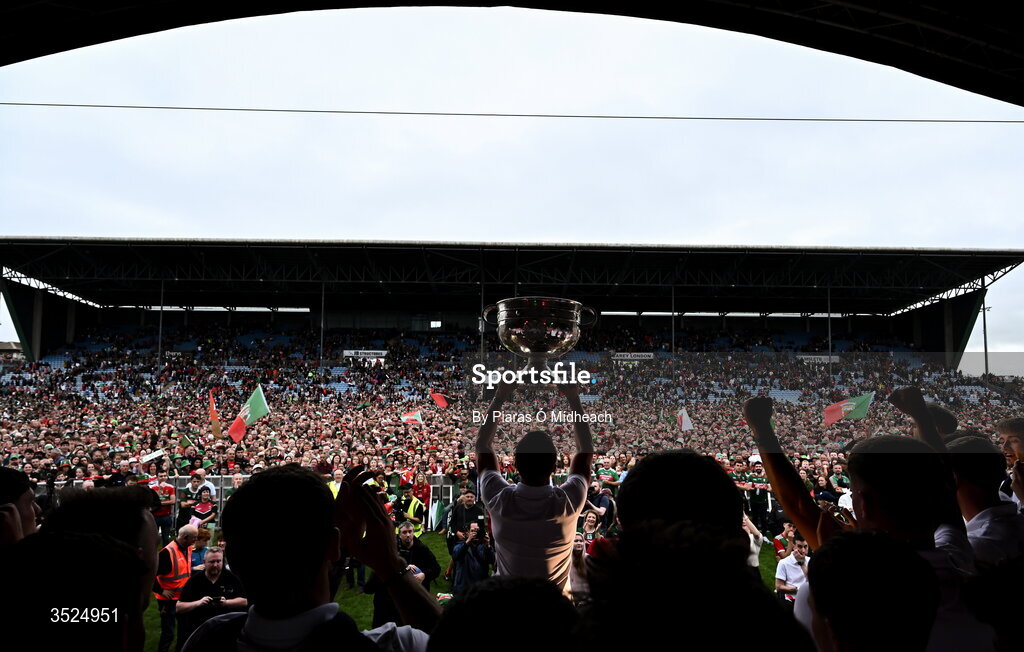 27 July 2026; Mayo supporters celebrate as the Sam Maguire Cup is held aloft during the homecoming celebrations of the All-Ireland Senior Football Champions at Hastings Insurance MacHale Park in Castlebar, Mayo. Photo by Piaras Ó Mídheach/Sportsfile