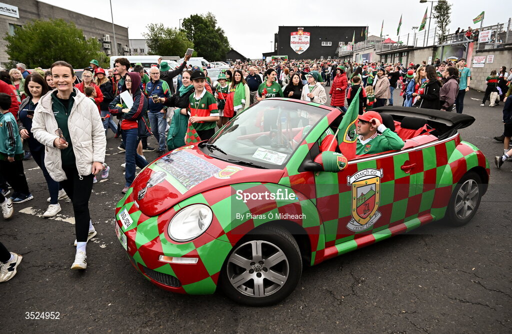 27 July 2026; A supporter makes his way to the stadium in a decorated VW during the homecoming celebrations of the All-Ireland Senior Football Champions at Hastings Insurance MacHale Park in Castlebar, Mayo. Photo by Piaras Ó Mídheach/Sportsfile