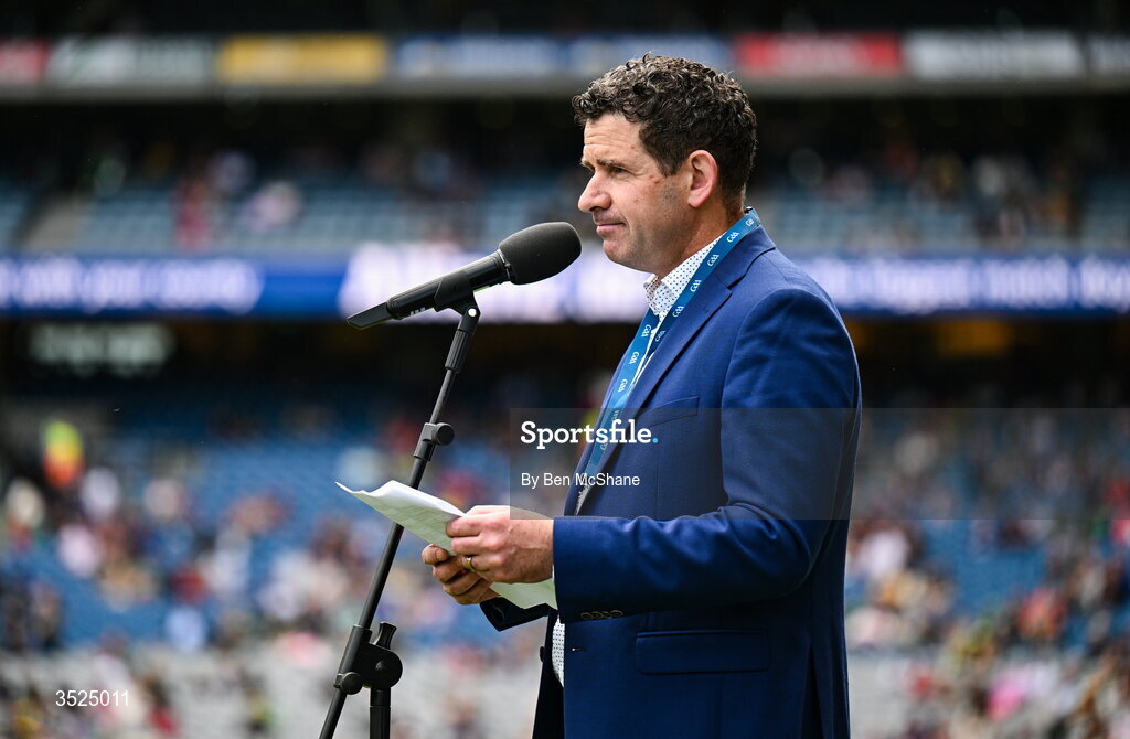 26 July 2026; MC Darren Frehill during the GAA Football All-Ireland Senior Championship final match between Kerry and Mayo at Croke Park in Dublin. Photo by Ben McShane/Sportsfile