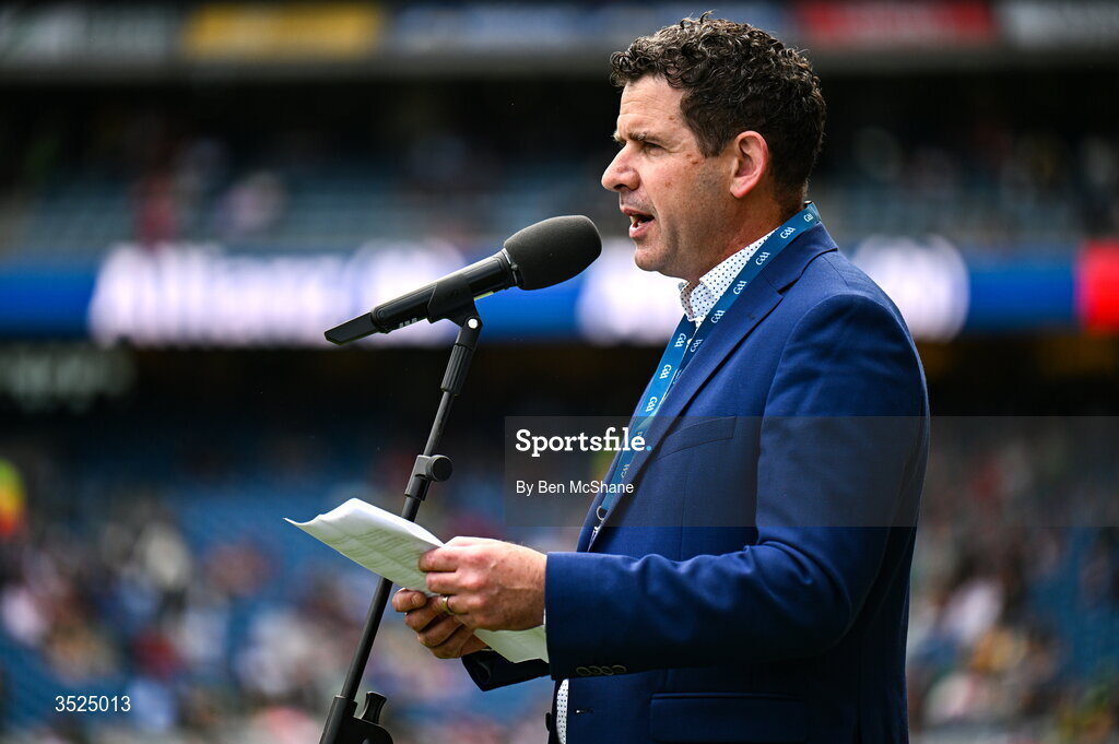 26 July 2026; MC Darren Frehill during the GAA Football All-Ireland Senior Championship final match between Kerry and Mayo at Croke Park in Dublin. Photo by Ben McShane/Sportsfile
