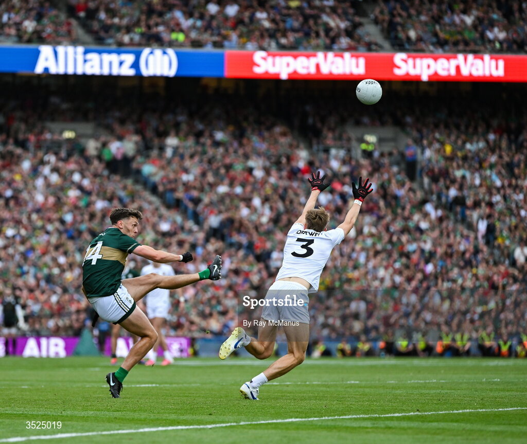 26 July 2026; David Clifford of Kerry under pressure from Donnacha McHugh of Mayo prepares to take a two point shot during the GAA Football All-Ireland Senior Championship final match between Kerry and Mayo at Croke Park in Dublin. Photo by Ray McManus/Sportsfile