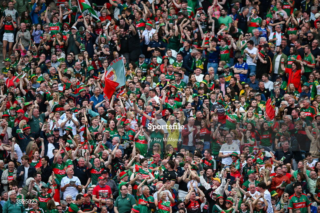 26 July 2026; Supporters, in the Hogan stand, celebrate a Mayo score during the GAA Football All-Ireland Senior Championship final match between Kerry and Mayo at Croke Park in Dublin. Photo by Ray McManus/Sportsfile