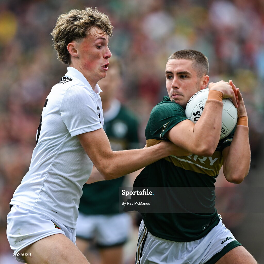 26 July 2026; Evan Looney of Kerry is tackled by Kobe McDonald of Mayo during the GAA Football All-Ireland Senior Championship final match between Kerry and Mayo at Croke Park in Dublin. Photo by Ray McManus/Sportsfile
