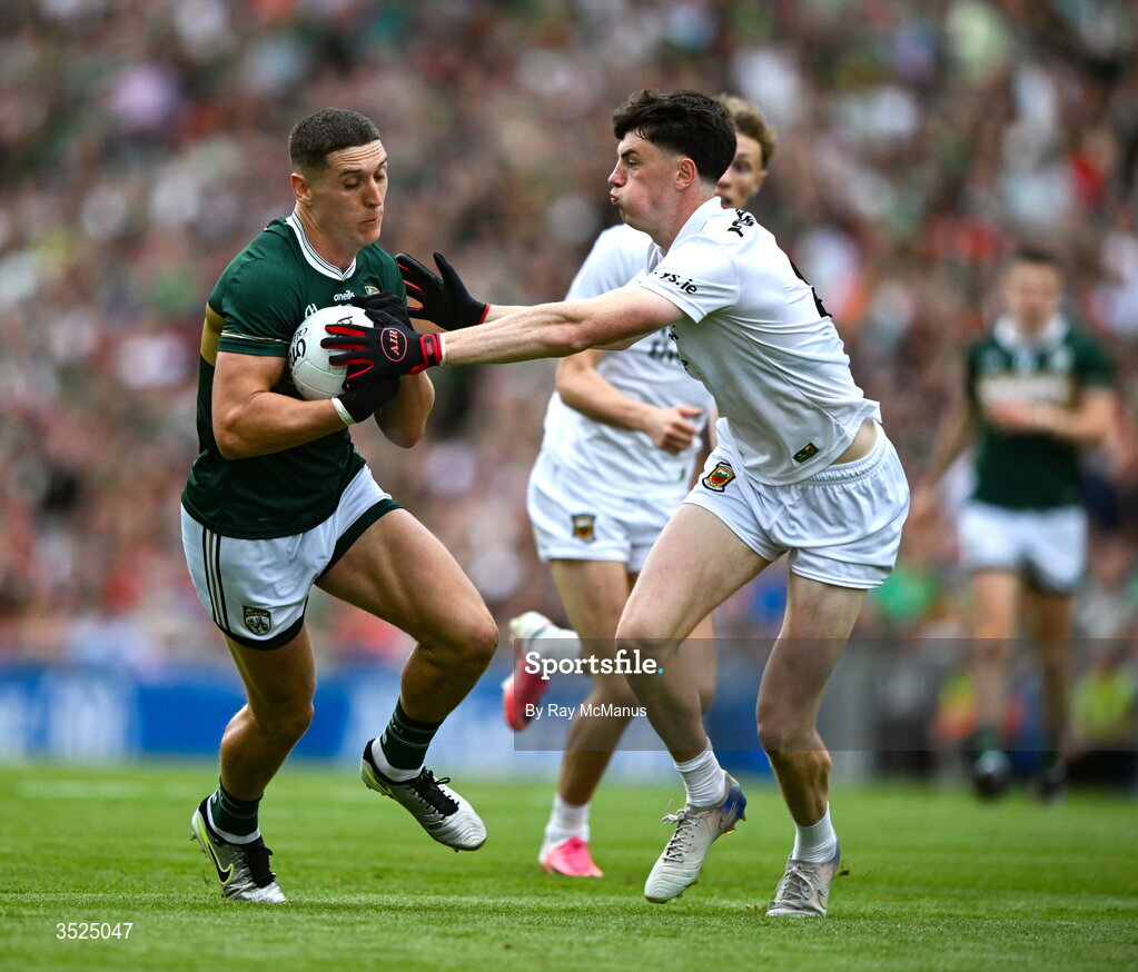 26 July 2026; Joe O'Connor of Kerry is tackled by Bob Tuohy of Mayo during the GAA Football All-Ireland Senior Championship final match between Kerry and Mayo at Croke Park in Dublin. Photo by Ray McManus/Sportsfile