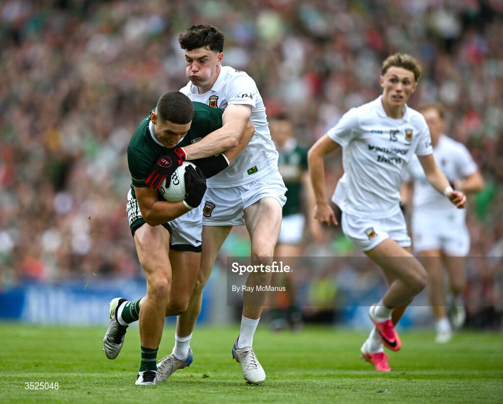 26 July 2026; Joe O'Connor of Kerry is tackled by Bob Tuohy of Mayo during the GAA Football All-Ireland Senior Championship final match between Kerry and Mayo at Croke Park in Dublin. Photo by Ray McManus/Sportsfile