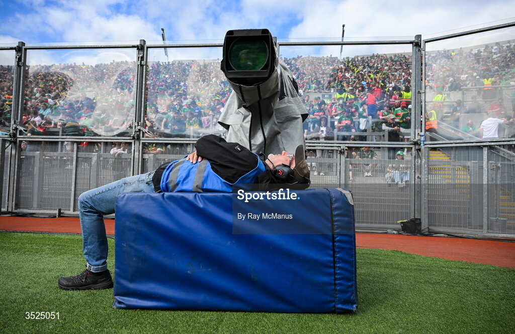 26 July 2026; A television broadcast camera man relaxes at half time during the GAA Football All-Ireland Senior Championship final match between Kerry and Mayo at Croke Park in Dublin. Photo by Ray McManus/Sportsfile