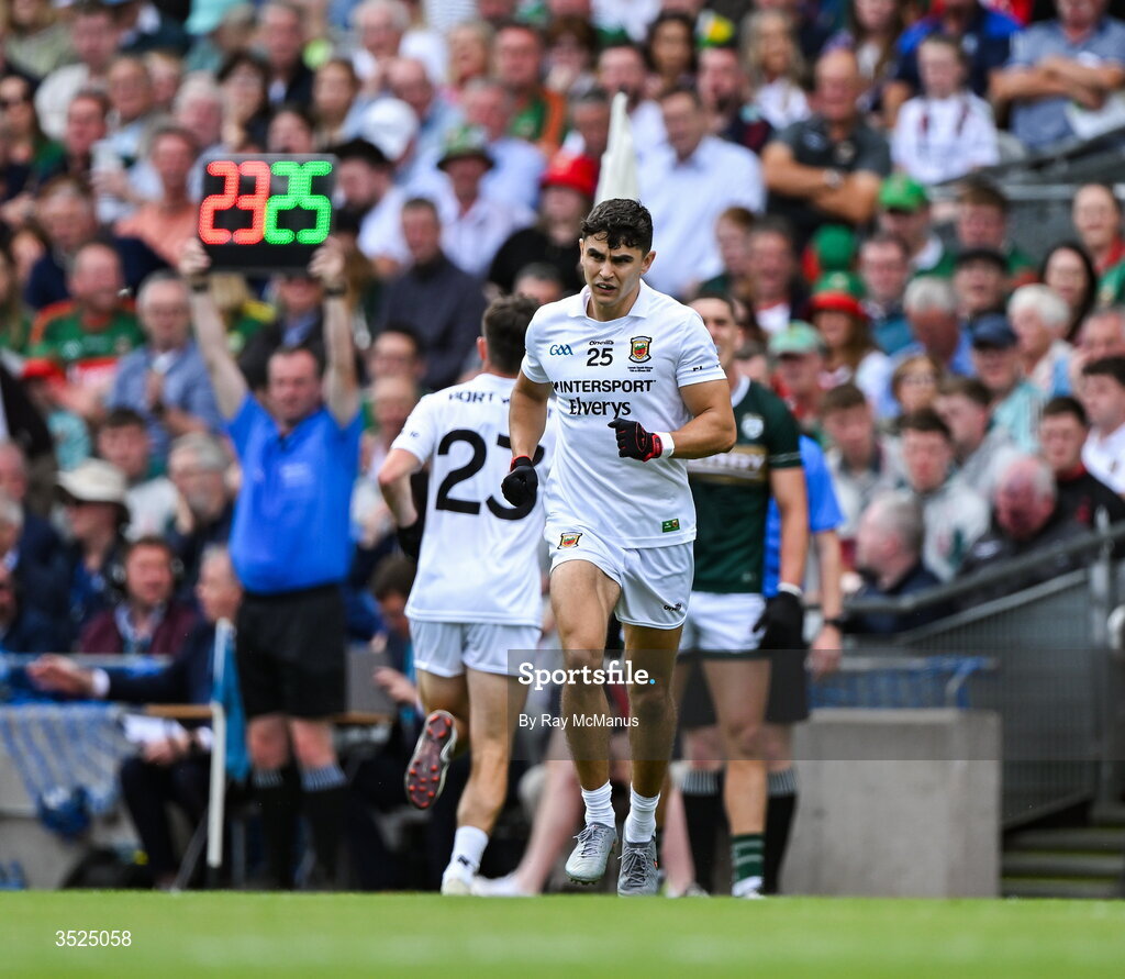26 July 2026; Tommy Conroy of Mayo replaces Paul Towey during the GAA Football All-Ireland Senior Championship final match between Kerry and Mayo at Croke Park in Dublin. Photo by Ray McManus/Sportsfile