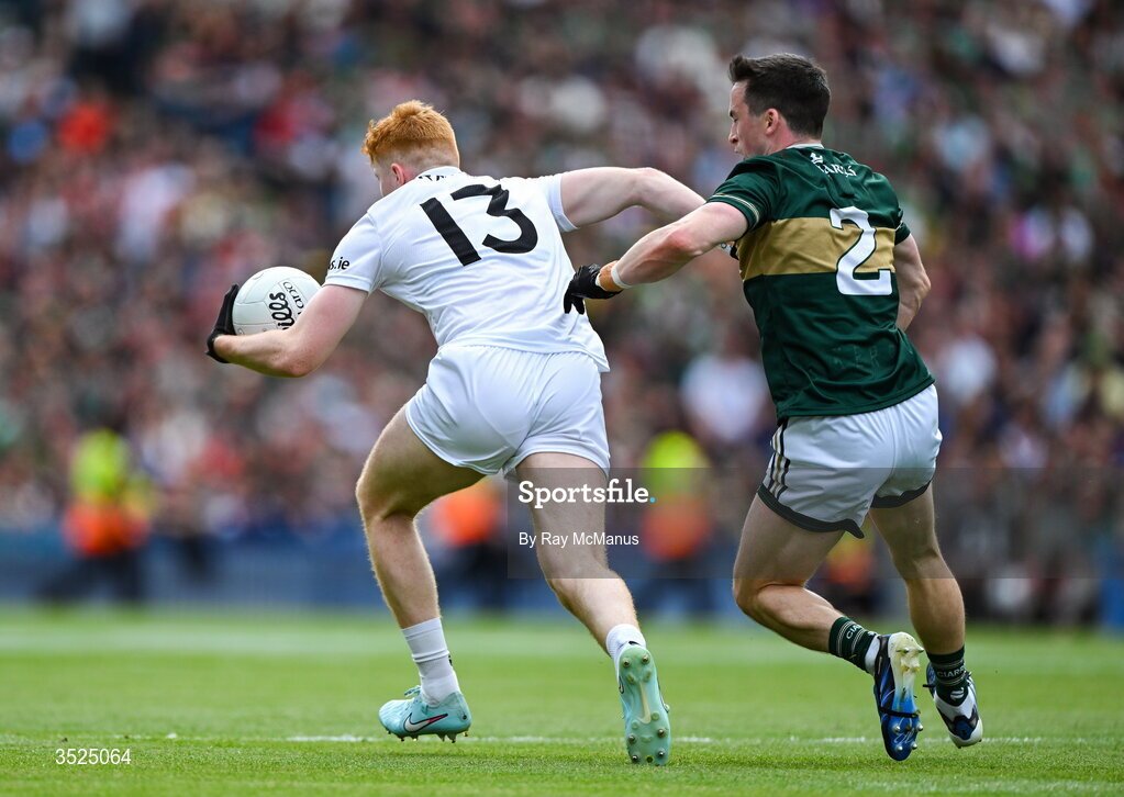 26 July 2026; Darragh Beirne of Mayo is tackled by Paul Murphy of Kerry during the GAA Football All-Ireland Senior Championship final match between Kerry and Mayo at Croke Park in Dublin. Photo by Ray McManus/Sportsfile