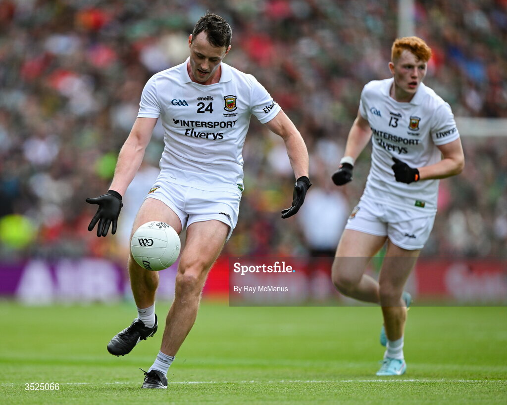 26 July 2026; Diarmuid O'Connor of Mayo, with support from Darragh Beirne, during the GAA Football All-Ireland Senior Championship final match between Kerry and Mayo at Croke Park in Dublin. Photo by Ray McManus/Sportsfile