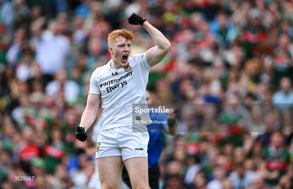 26 July 2026; Darragh Beirne of Mayo urges support from supporters on Hill 16 during the GAA Football All-Ireland Senior Championship final match between Kerry and Mayo at Croke Park in Dublin. Photo by Ray McManus/Sportsfile