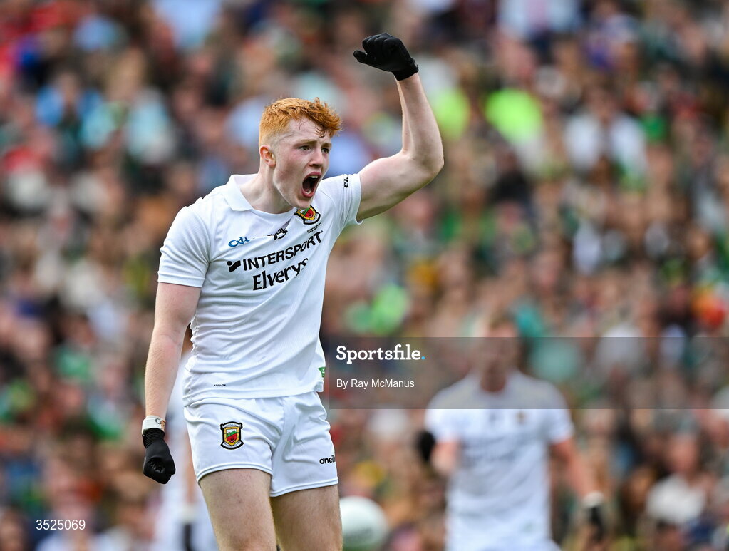 26 July 2026; Darragh Beirne of Mayo urges support from supporters on Hill 16 during the GAA Football All-Ireland Senior Championship final match between Kerry and Mayo at Croke Park in Dublin. Photo by Ray McManus/Sportsfile