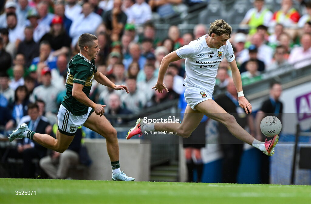 26 July 2026; Kobe McDonald of Mayo in action against Evan Looney of Kerry during the GAA Football All-Ireland Senior Championship final match between Kerry and Mayo at Croke Park in Dublin. Photo by Ray McManus/Sportsfile