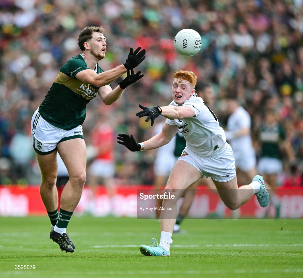 26 July 2026; Seán O'Brien of Kerry in action against Darragh Beirne of Mayo during the GAA Football All-Ireland Senior Championship final match between Kerry and Mayo at Croke Park in Dublin. Photo by Ray McManus/Sportsfile