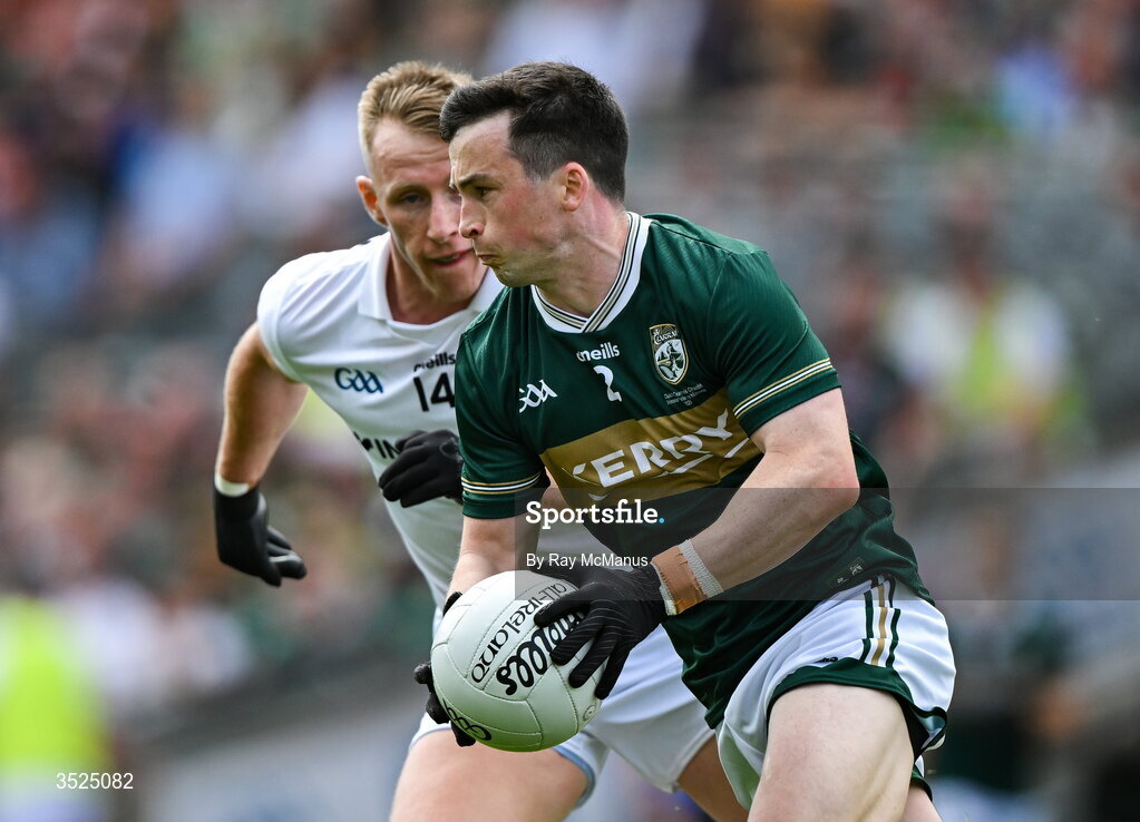 26 July 2026; Paul Murphy of Kerry is tackled by Ryan O'Donoghue of Mayo during the GAA Football All-Ireland Senior Championship final match between Kerry and Mayo at Croke Park in Dublin. Photo by Ray McManus/Sportsfile