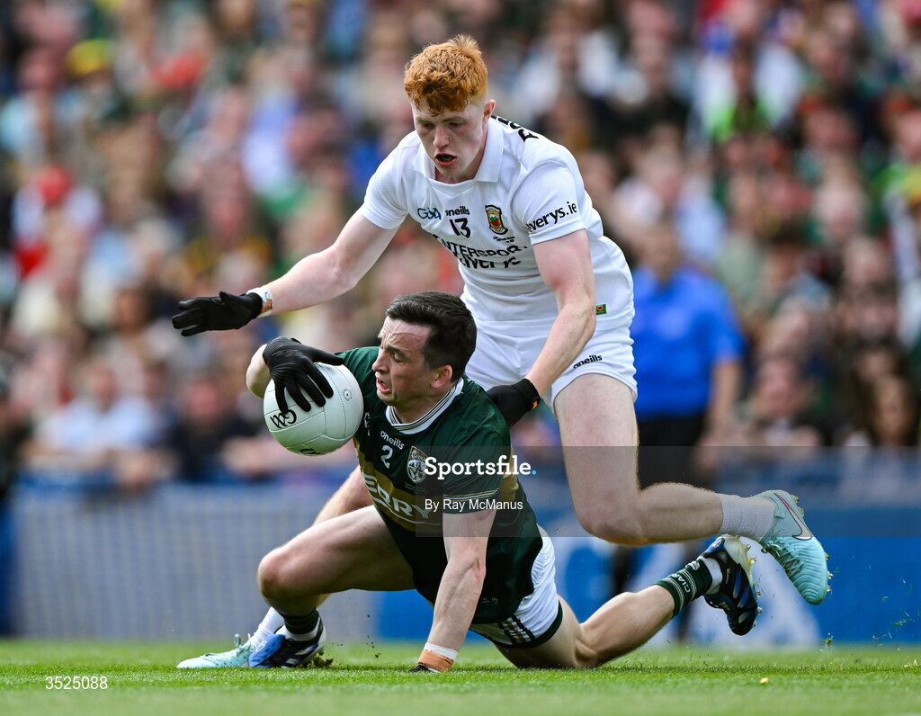 26 July 2026; Paul Murphy of Kerry is tackled by Darragh Beirne of Mayo during the GAA Football All-Ireland Senior Championship final match between Kerry and Mayo at Croke Park in Dublin. Photo by Ray McManus/Sportsfile