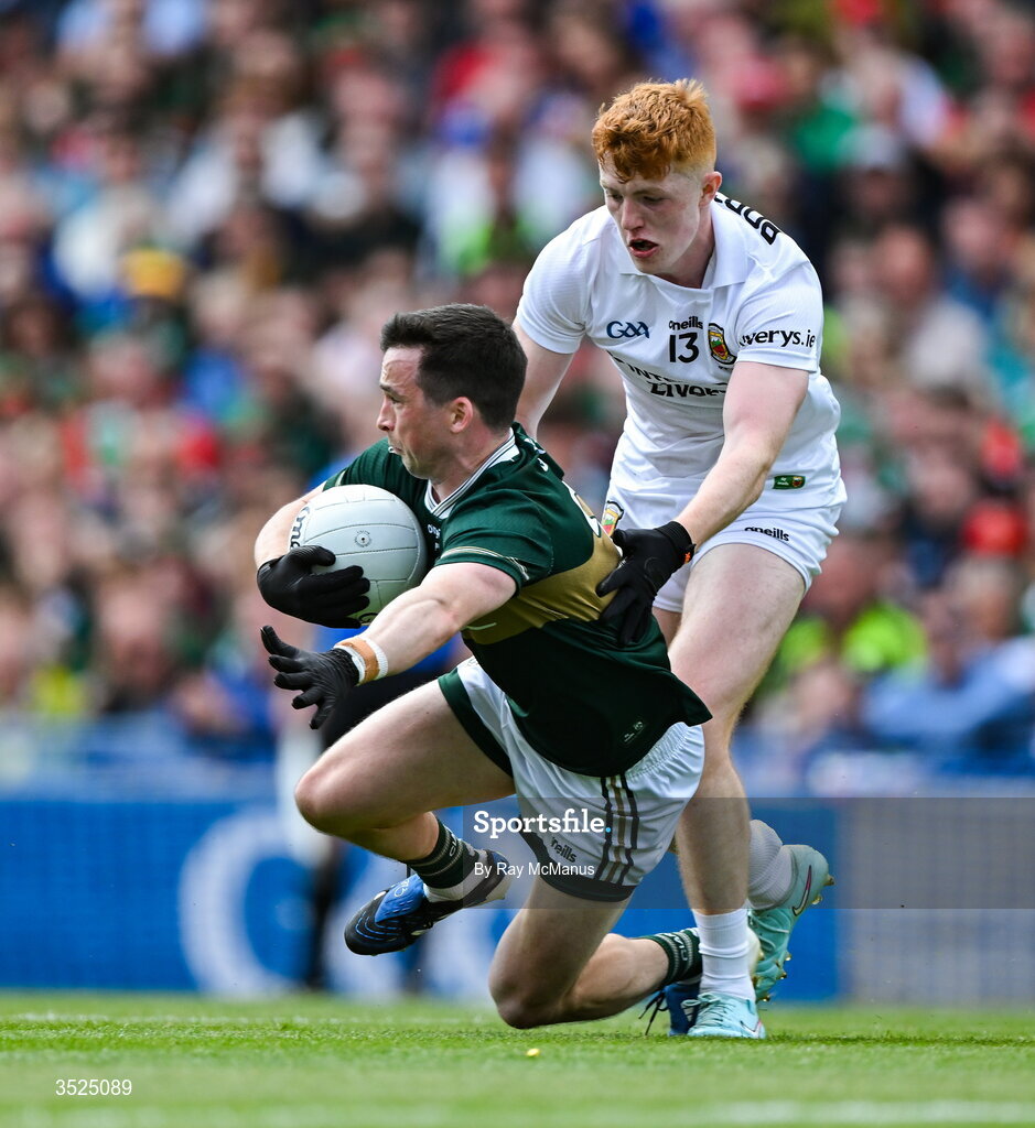 26 July 2026; Paul Murphy of Kerry is tackled by Darragh Beirne of Mayo during the GAA Football All-Ireland Senior Championship final match between Kerry and Mayo at Croke Park in Dublin. Photo by Ray McManus/Sportsfile