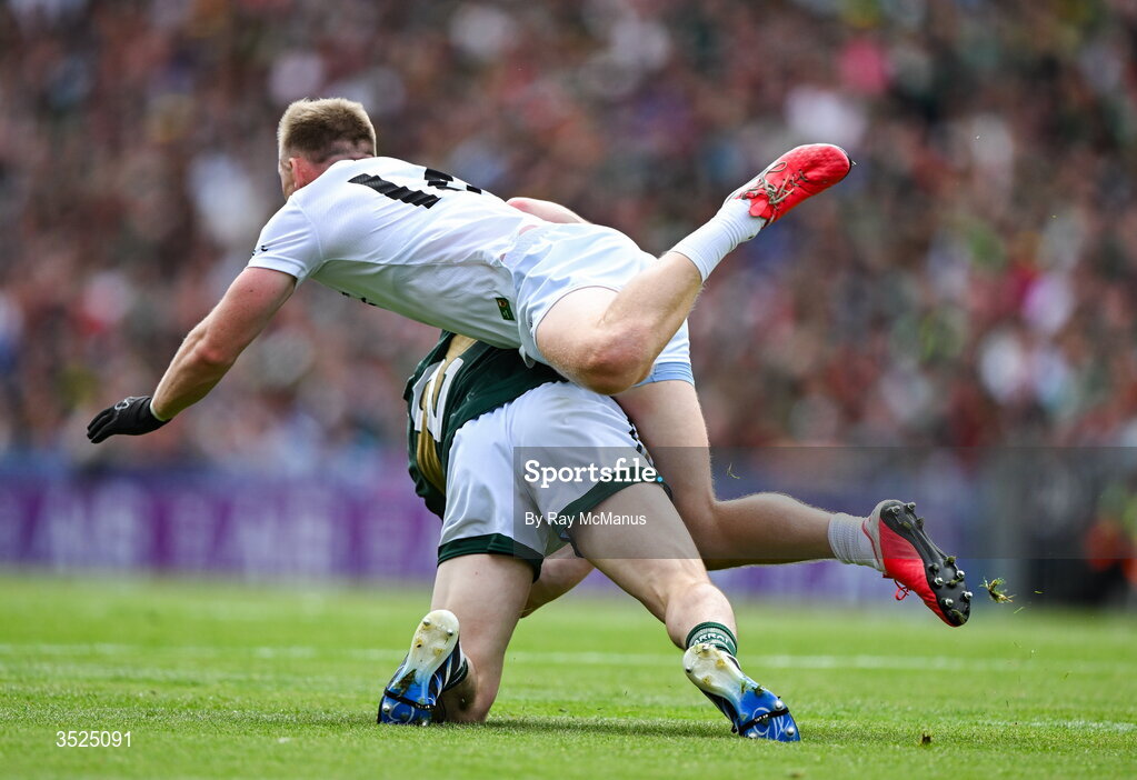 26 July 2026; Paul Murphy of Kerry is tackled by Ryan O'Donoghue of Mayo during the GAA Football All-Ireland Senior Championship final match between Kerry and Mayo at Croke Park in Dublin. Photo by Ray McManus/Sportsfile
