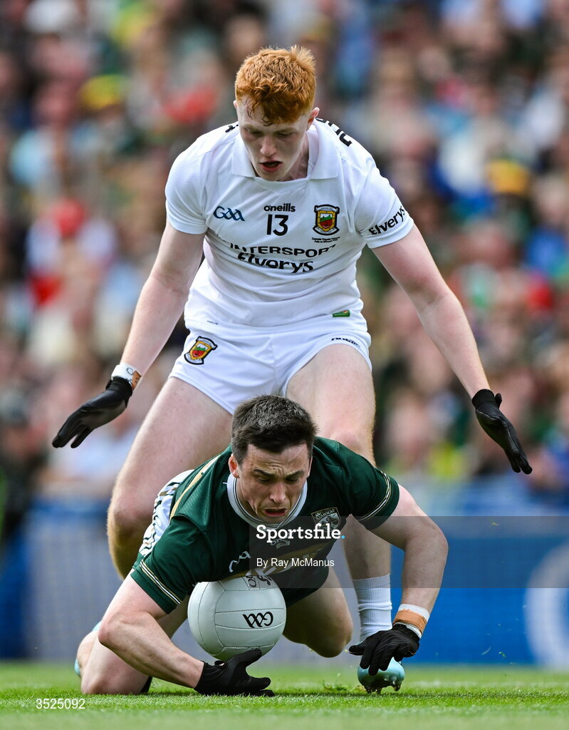 26 July 2026; Paul Murphy of Kerry is tackled by Darragh Beirne of Mayo during the GAA Football All-Ireland Senior Championship final match between Kerry and Mayo at Croke Park in Dublin. Photo by Ray McManus/Sportsfile