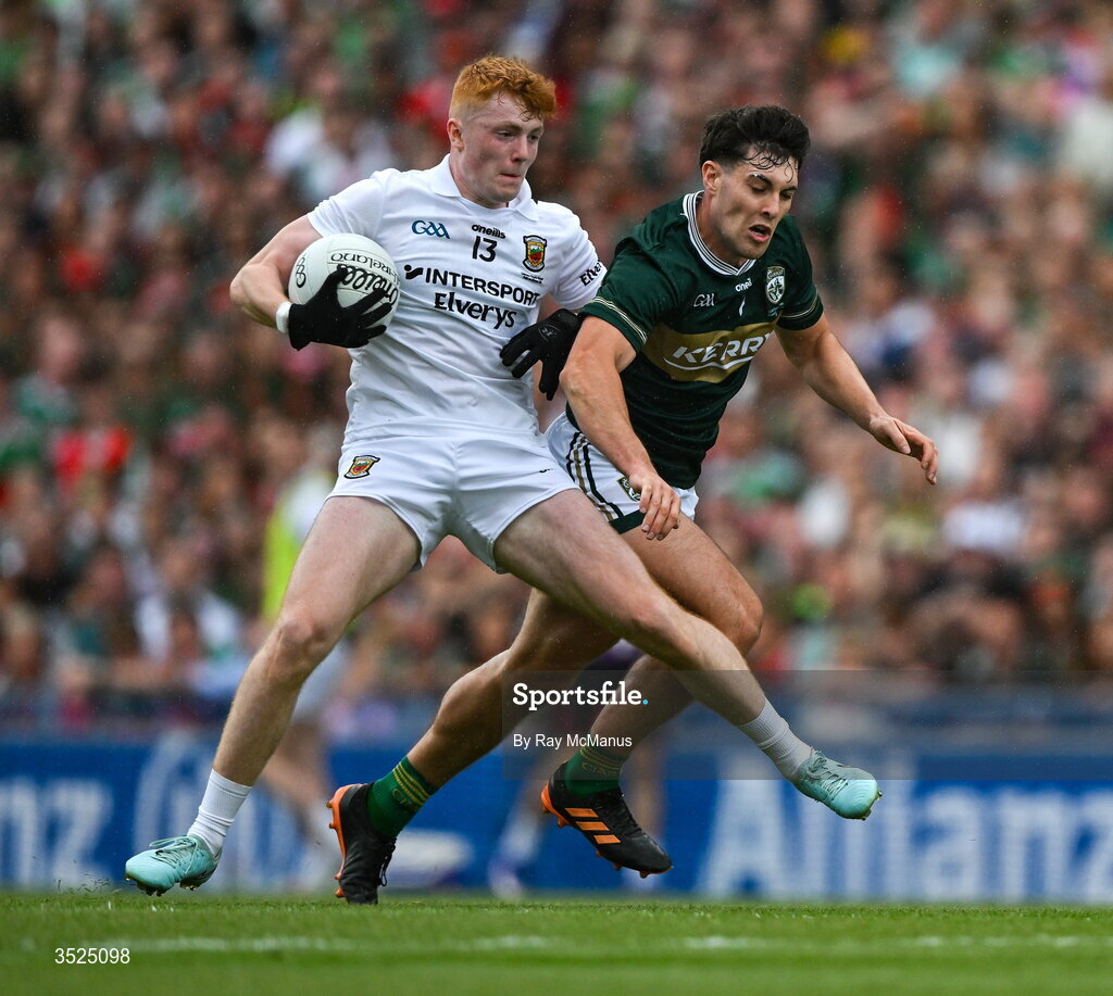 26 July 2026; Darragh Beirne of Mayo is tackled by Mike Breen of Kerry during the GAA Football All-Ireland Senior Championship final match between Kerry and Mayo at Croke Park in Dublin. Photo by Ray McManus/Sportsfile
