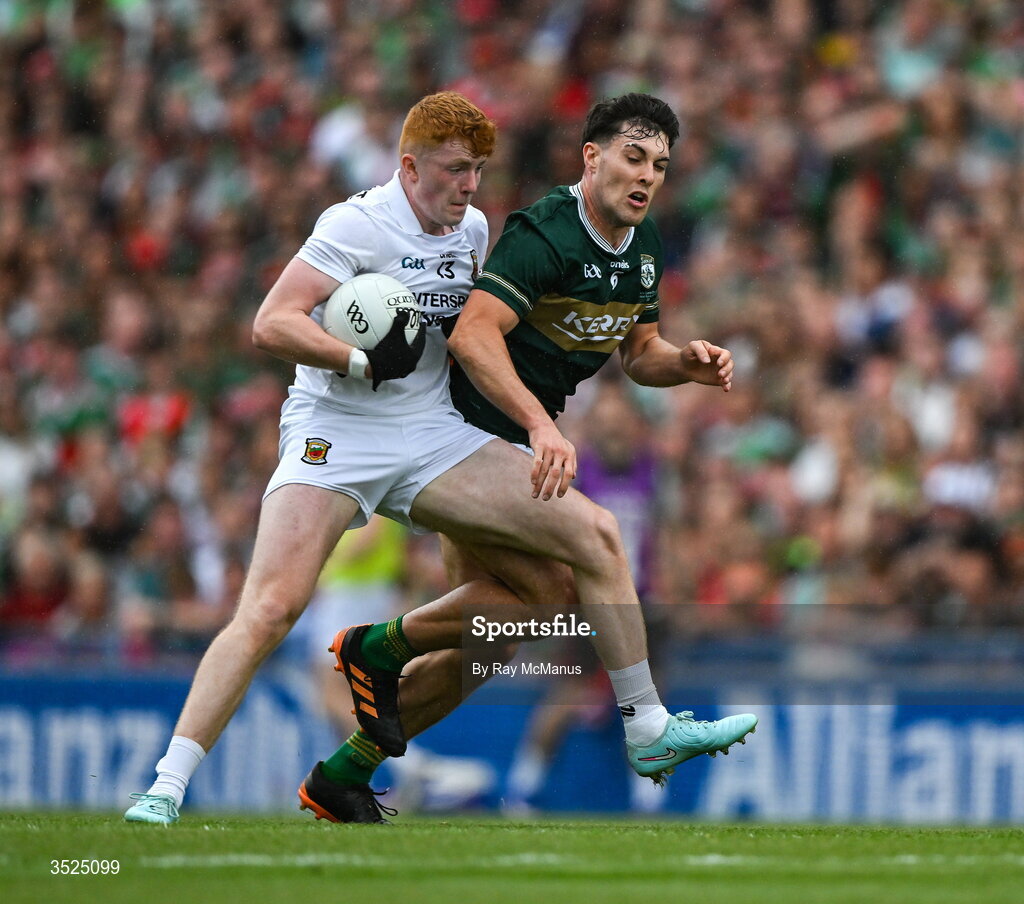 26 July 2026; Darragh Beirne of Mayo is tackled by Mike Breen of Kerry during the GAA Football All-Ireland Senior Championship final match between Kerry and Mayo at Croke Park in Dublin. Photo by Ray McManus/Sportsfile