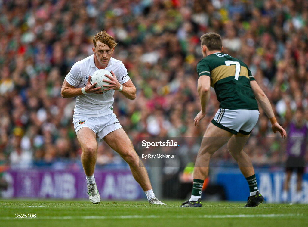 26 July 2026; Jack Carney of Mayo in action against Gavin White of Kerry  during the GAA Football All-Ireland Senior Championship final match between Kerry and Mayo at Croke Park in Dublin. Photo by Ray McManus/Sportsfile