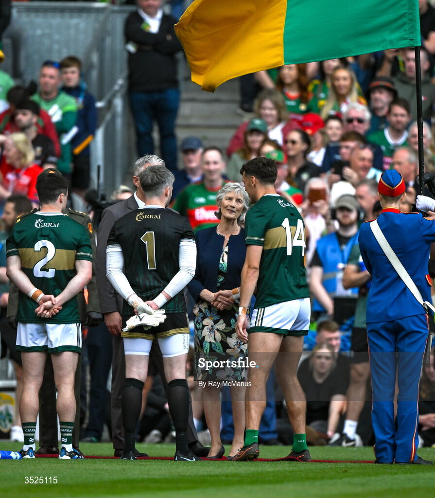 26 July 2026; Uachtarán na hÉireann Catherine Connolly is greeted by Kerry captain David Clifford before the GAA Football All-Ireland Senior Championship final match between Kerry and Mayo at Croke Park in Dublin. Photo by Ray McManus/Sportsfile