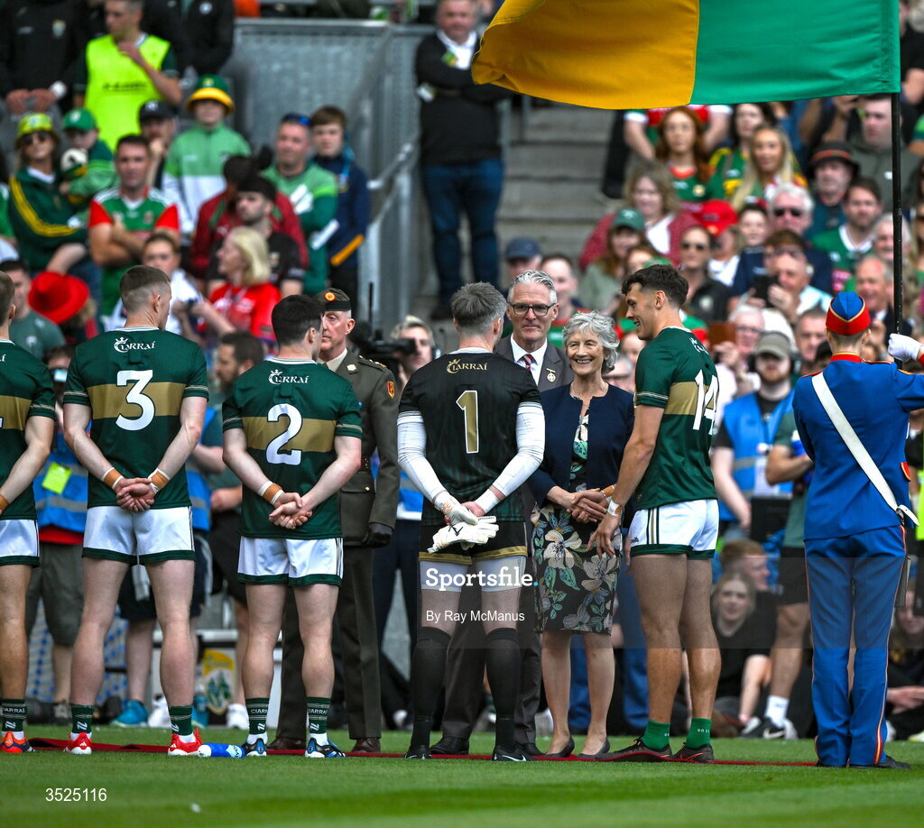 26 July 2026; Uachtarán na hÉireann Catherine Connolly is introduced to Kerry goalkeeper Shane Murphy by captain David Clifford before the GAA Football All-Ireland Senior Championship final match between Kerry and Mayo at Croke Park in Dublin. Photo by Ray McManus/Sportsfile