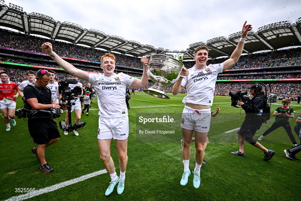 26 July 2026; Mayo players Darragh Beirne, left, and Cian McHale celebrate with the Sam Maguire Cup after their side's victory in the GAA Football All-Ireland Senior Championship final match between Kerry and Mayo at Croke Park in Dublin. Photo by David Fitzgerald/Sportsfile