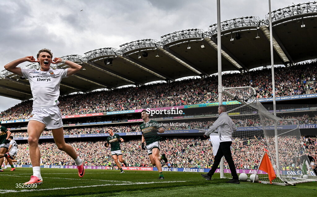 26 July 2026; Kobe McDonald of Mayo celebrates a late score during the GAA Football All-Ireland Senior Championship final match between Kerry and Mayo at Croke Park in Dublin. Photo by Stephen McCarthy/Sportsfile