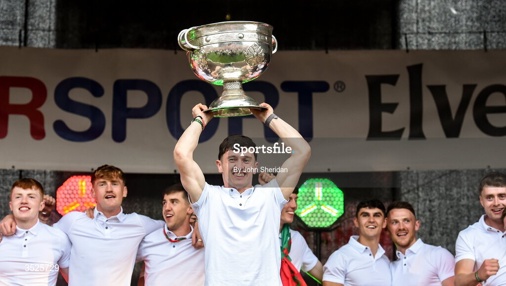 27 July 2026;  Mayo captain Jack Coyne lifts the Sam Maguire cup during the homecoming at Castlebar in Mayo, after being crowned All-Ireland Senior Football champions following their victory over Kerry in the GAA All-Ireland Senior Football Championship final at Croke Park on Sunday. Photo by John Sheridan/Sportsfile