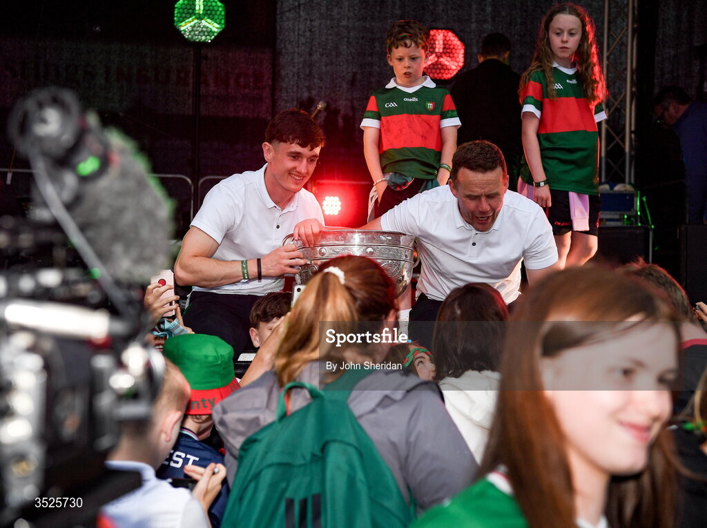 27 July 2026; Mayo captain Jack Coyne and manager Andy Moran with the Sam Maguire cup spend time with supporters during the homecoming at Castlebar in Mayo, after being crowned All-Ireland Senior Football champions following their victory over Kerry in the GAA All-Ireland Senior Football Championship final at Croke Park on Sunday. Photo by John Sheridan/Sportsfile
