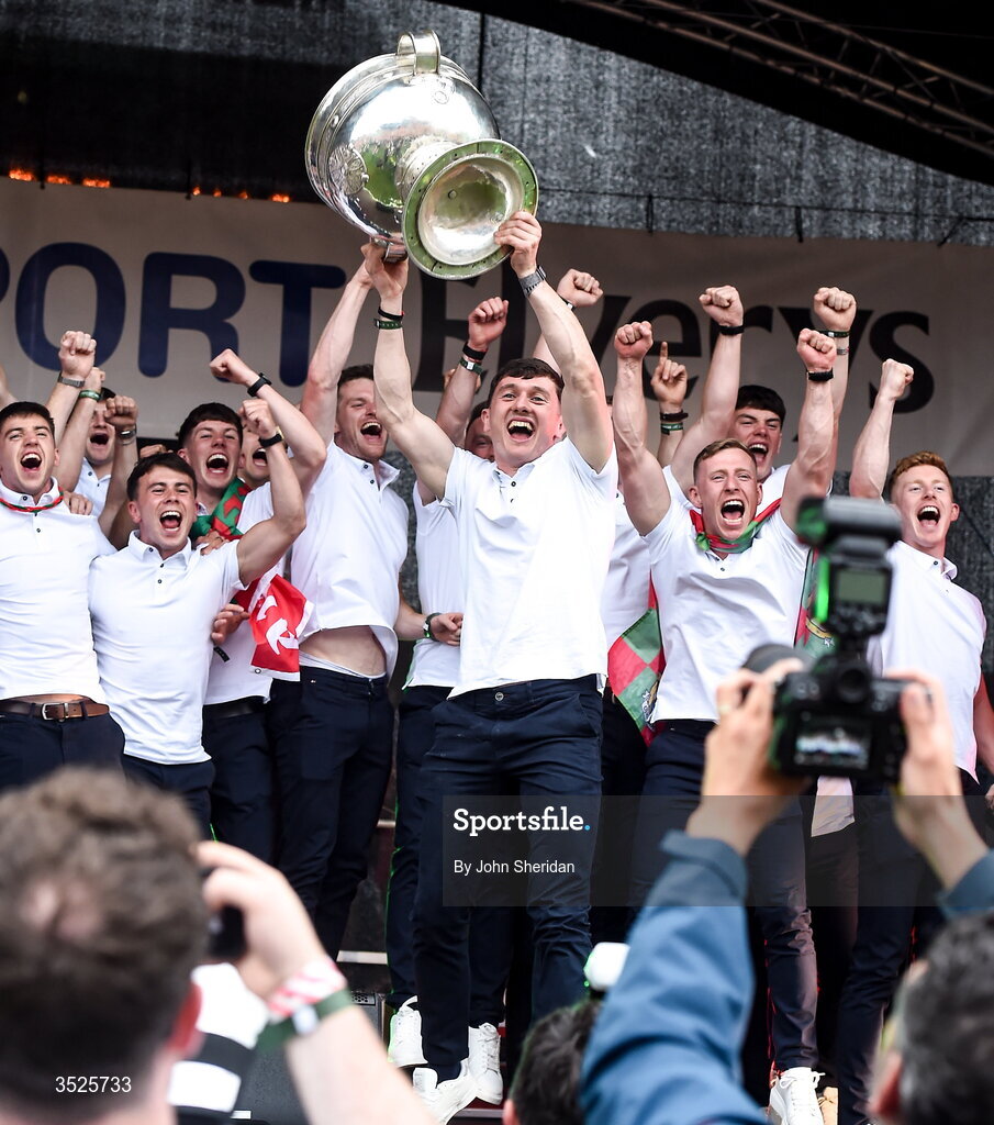 27 July 2026;  Mayo captain Jack Coyne lifts the Sam Maguire cup during the homecoming at Castlebar in Mayo, after being crowned All-Ireland Senior Football champions following their victory over Kerry in the GAA All-Ireland Senior Football Championship final at Croke Park on Sunday. Photo by John Sheridan/Sportsfile