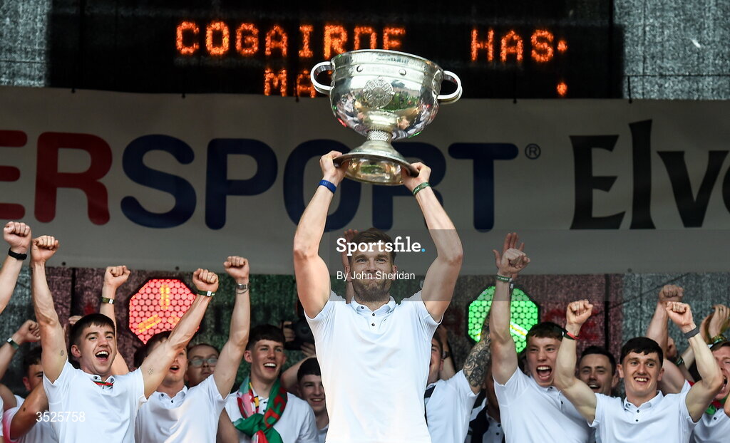 27 July 2026; Aidan O'Shea of Mayo lifts the Sam Maguire cup to the crowd during the homecoming at Castlebar in Mayo, after being crowned All-Ireland Senior Football champions following their victory over Kerry in the GAA All-Ireland Senior Football Championship final at Croke Park on Sunday. Photo by John Sheridan/Sportsfile