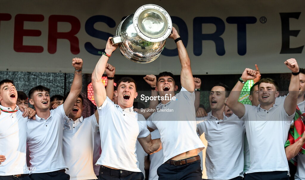 27 July 2026; Mayo captain Jack Coyne and Tommy Conroy lift the Sam Maguire cup to the crowd during the homecoming at Castlebar in Mayo, after being crowned All-Ireland Senior Football champions following their victory over Kerry in the GAA All-Ireland Senior Football Championship final at Croke Park on Sunday. Photo by John Sheridan/Sportsfile