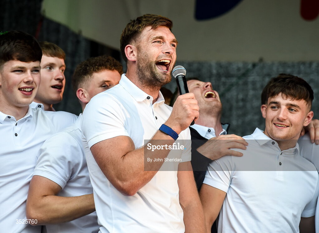 27 July 2026; Aidan O'Shea singing a song during the homecoming at Castlebar in Mayo, after being crowned All-Ireland Senior Football champions following their victory over Kerry in the GAA All-Ireland Senior Football Championship final at Croke Park on Sunday. Photo by John Sheridan/Sportsfile