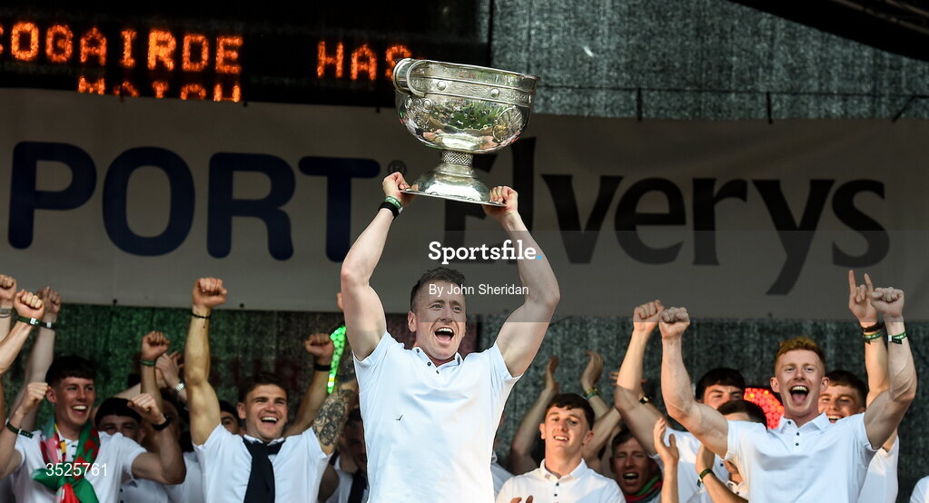 27 July 2026; Cillian O'Connor of Mayo lifts the Sam Maguire cup to the crowd during the homecoming at Castlebar in Mayo, after being crowned All-Ireland Senior Football champions following their victory over Kerry in the GAA All-Ireland Senior Football Championship final at Croke Park on Sunday. Photo by John Sheridan/Sportsfile