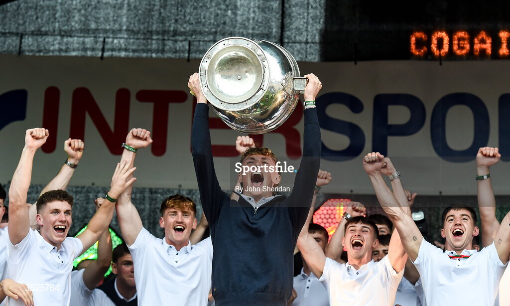 27 July 2026; Kobe McDonald of Mayo lifts the Sam Maguire cup to the crowd during the homecoming at Castlebar in Mayo, after being crowned All-Ireland Senior Football champions following their victory over Kerry in the GAA All-Ireland Senior Football Championship final at Croke Park on Sunday. Photo by John Sheridan/Sportsfile