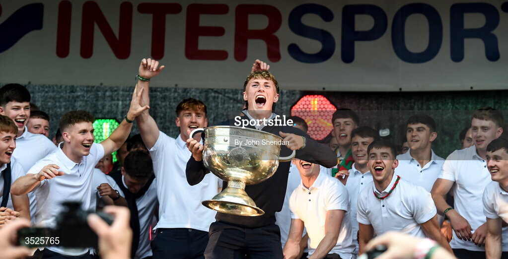 27 July 2026; Kobe McDonald of Mayo with the Sam Maguire cup during the homecoming at Castlebar in Mayo, after being crowned All-Ireland Senior Football champions following their victory over Kerry in the GAA All-Ireland Senior Football Championship final at Croke Park on Sunday. Photo by John Sheridan/Sportsfile