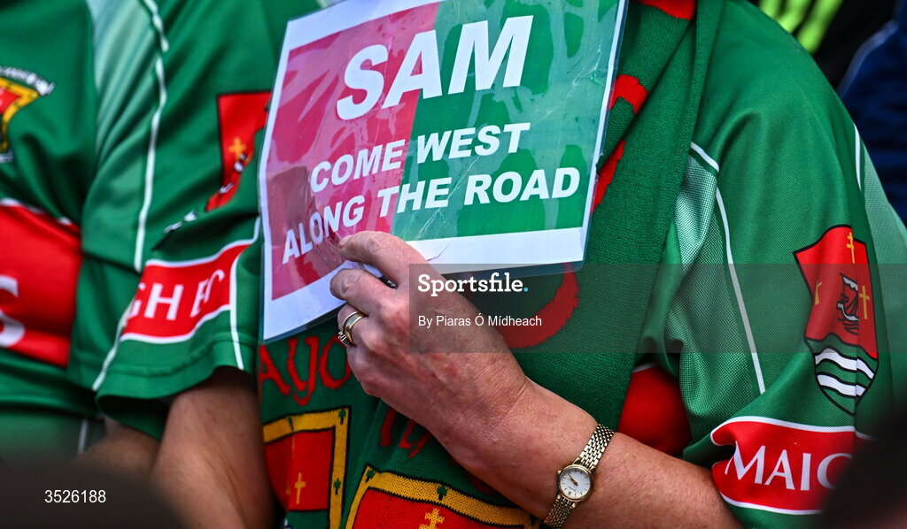26 July 2026; A Mayo supporter with a sign before the GAA Football All-Ireland Senior Championship final match between Kerry and Mayo at Croke Park in Dublin. Photo by Piaras Ó Mídheach/Sportsfile