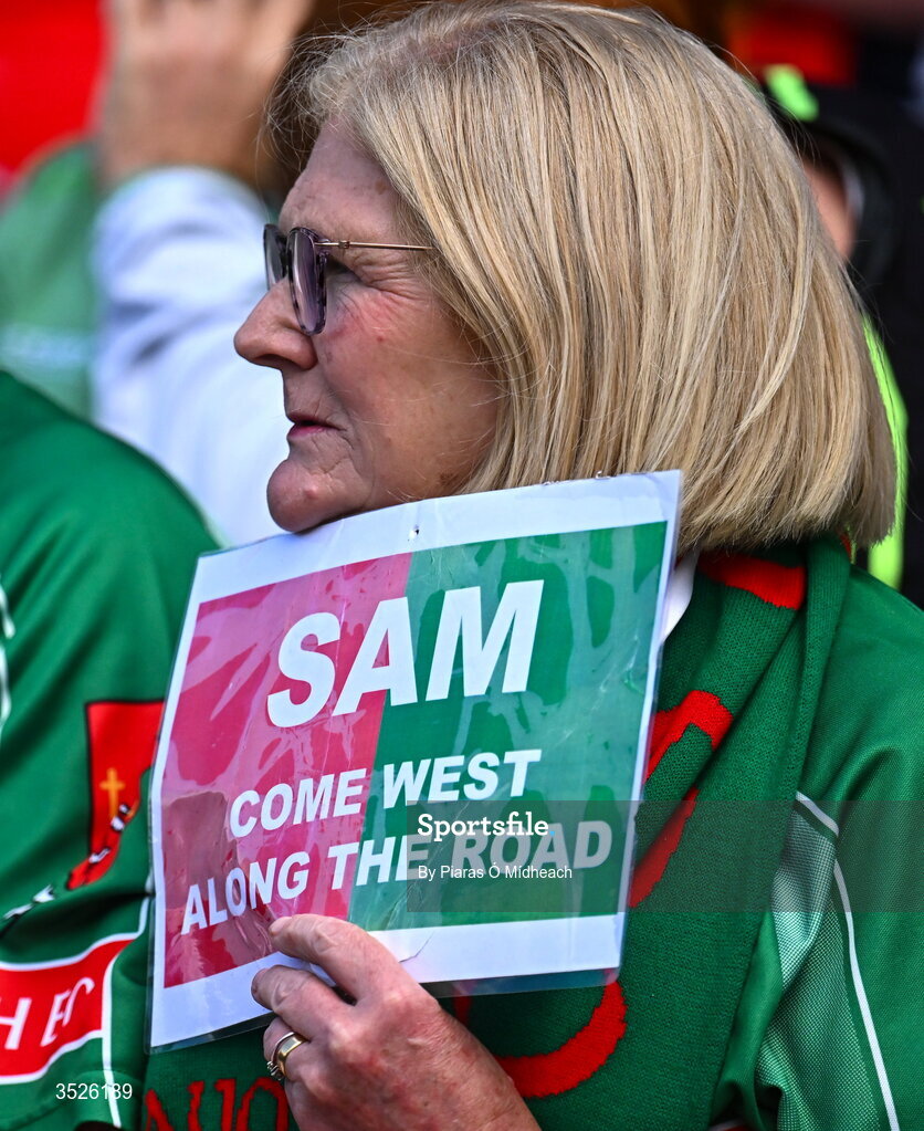 26 July 2026; A Mayo supporter with a sign before the GAA Football All-Ireland Senior Championship final match between Kerry and Mayo at Croke Park in Dublin. Photo by Piaras Ó Mídheach/Sportsfile