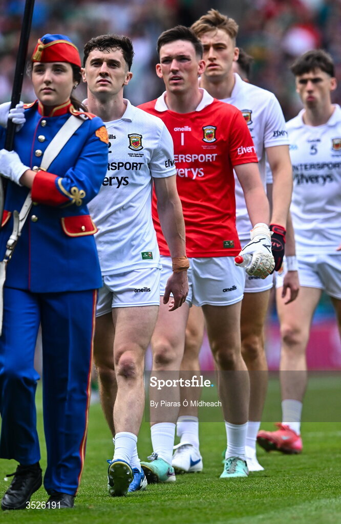 26 July 2026; Mayo captain Jack Coyne leads his team-mates in the parade before the GAA Football All-Ireland Senior Championship final match between Kerry and Mayo at Croke Park in Dublin. Photo by Piaras Ó Mídheach/Sportsfile