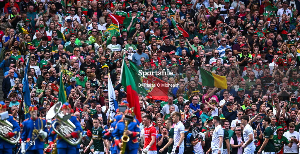 26 July 2026; Supporters during the pre-match parade before the GAA Football All-Ireland Senior Championship final match between Kerry and Mayo at Croke Park in Dublin. Photo by Piaras Ó Mídheach/Sportsfile