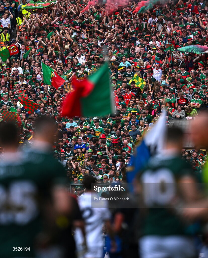 26 July 2026; Supporters on Hill 16 during the parade before the GAA Football All-Ireland Senior Championship final match between Kerry and Mayo at Croke Park in Dublin. Photo by Piaras Ó Mídheach/Sportsfile